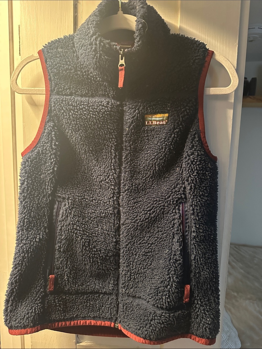 L.L. Bean Navy Sherpa Vest with Rust Trim